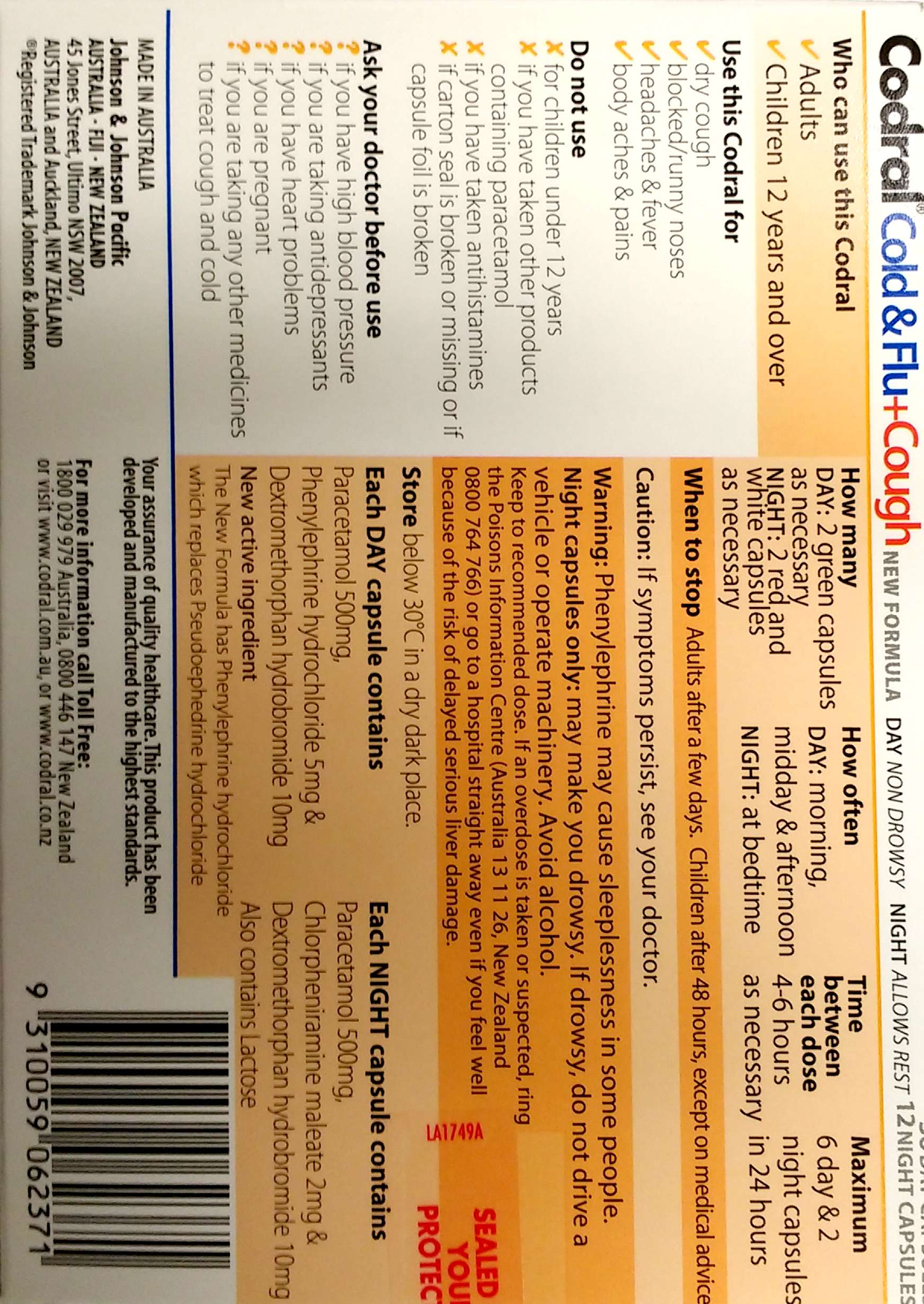 CODRAL PHENYLEPHRINE COUGH COLD AND FLU DAY/NIGHT CAPSULES 48